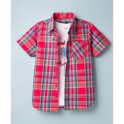 Pine Kids Cotton Woven Half Sleeves Checks Shirt With Inner Tee - Red