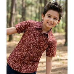 Pine Kids Cotton Woven Half Sleeves Shirt With Floral Print - Brown