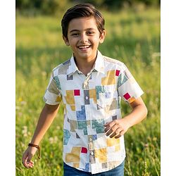 Pine Kids Cotton Woven Half Sleeves Abstract Printed Shirt - White