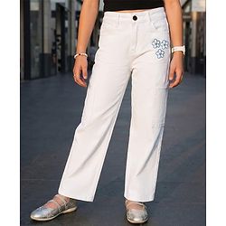 Pine Kids Denim Woven Full Length Jeans with Floral Print - White