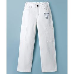 Pine Kids Denim Woven Full Length Jeans with Floral Print - White
