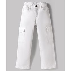 Pine Kids Denim Woven Full Length Solid Jeans With Cargo Pockets - White