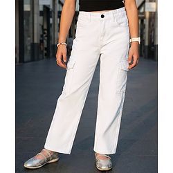 Pine Kids Denim Woven Full Length Solid Jeans With Cargo Pockets - White