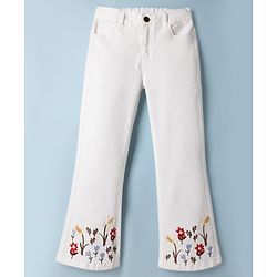 Pine Kids Denim Woven Full Length Denim Jeans with Floral Embroidery - White