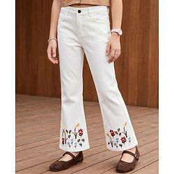 Pine Kids Denim Woven Full Length Denim Jeans with Floral Embroidery - White