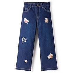 Pine Kids Denim Woven Full Length Hearts & Floral Printed Jeans - Navy Blue