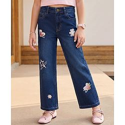 Pine Kids Denim Woven Full Length Hearts & Floral Printed Jeans - Navy Blue