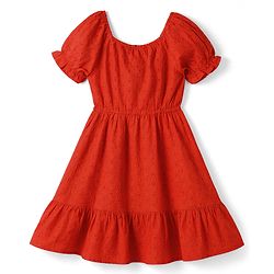 Pine Kids Cotton Woven One Piece Dresses/Frocks with Puff Sleeves TOMATO 4-5 Years