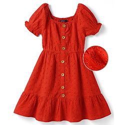 Pine Kids Cotton Woven One Piece Dresses/Frocks with Puff Sleeves TOMATO 4-5 Years