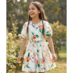 Pine Kids 100% Cotton Woven Half Sleeves Floral Printed Frock With Belt - Multicolour
