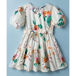 Pine Kids 100% Cotton Woven Half Sleeves Floral Printed Frock With Belt - Multicolour
