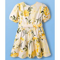 Pine Kids Poplin Woven Half Puffed Sleeves Floral Printed Frock - White & Yellow