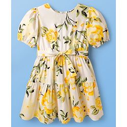 Pine Kids Poplin Woven Half Puffed Sleeves Floral Printed Frock - White & Yellow