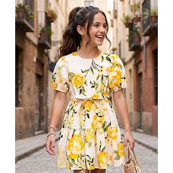 Pine Kids Poplin Woven Half Puffed Sleeves Floral Printed Frock - White & Yellow