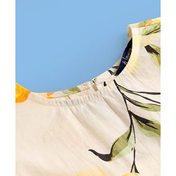 Pine Kids Poplin Woven Half Puffed Sleeves Floral Printed Frock - White & Yellow
