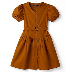 Pine Kids Cotton Woven One Piece Dresses/Frocks with Puff Sleeves and V-Neck LEATHER BROWN 4-5 Years