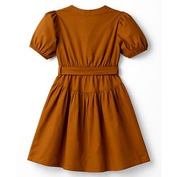 Pine Kids Cotton Woven One Piece Dresses/Frocks with Puff Sleeves and V-Neck LEATHER BROWN 4-5 Years
