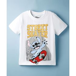 Pine Kids Disney 100% Cotton Knit Half Sleeves  T-Shirt With Lilo & Stitch Front & Back Print - White