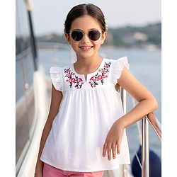 Pine Kids 100% Cotton Woven Frill Sleeves Floral Embroidered Top - White
