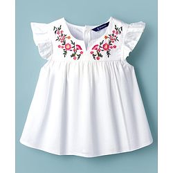 Pine Kids 100% Cotton Woven Frill Sleeves Floral Embroidered Top - White