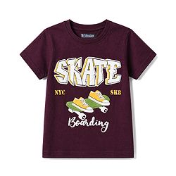 Pine Kids Cotton Knit Half Sleeves Skate Theme Printed T-Shirt -Wine
