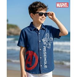 Pine Kids Marvel Half Sleeves Denim Shirt with Avengers Graphic - Blue