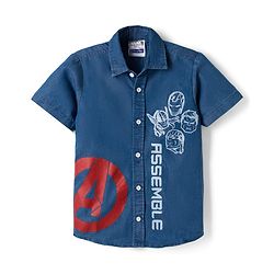 Pine Kids Marvel Half Sleeves Denim Shirt with Avengers Graphic - Blue