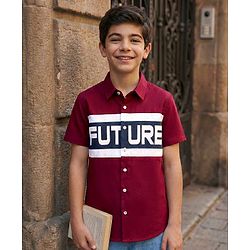 Pine Kids Cotton Woven Half Sleeves Shirt With Future Print - Maroon