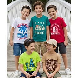 Pine Kids Cotton Knit Half Sleeves Beach Theme & Text Printed T-Shirts Pack Of 5 - Multicolour