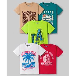 Pine Kids Cotton Knit Half Sleeves Beach Theme & Text Printed T-Shirts Pack Of 5 - Multicolour