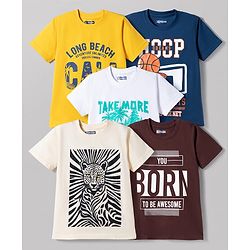 Pine Kids Cotton Knit Half Sleeves Beach & Sports Theme Printed T-Shirts Pack Of 5 - Multicolour