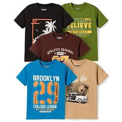 Pine Kids Cotton Knit Half Sleeves Beach Theme & Text Printed T-Shirts Pack Of 5 - Multicolour