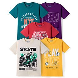 Pine Kids Cotton Knit Half Sleeves Sports Theme & Text Printed T-Shirts Pack Of 5 - Multicolour