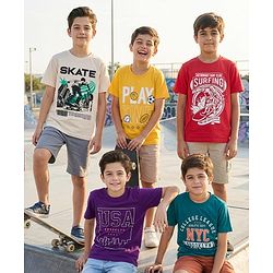 Pine Kids Cotton Knit Half Sleeves Sports Theme & Text Printed T-Shirts Pack Of 5 - Multicolour