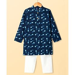 Pine Kids Cotton Woven Full Sleeves Kurta & Pyjama Set With Floral Print - Navy Blue