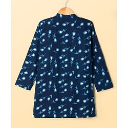 Pine Kids Cotton Woven Full Sleeves Kurta & Pyjama Set With Floral Print - Navy Blue