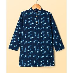 Pine Kids Cotton Woven Full Sleeves Kurta & Pyjama Set With Floral Print - Navy Blue
