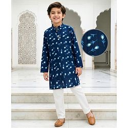 Pine Kids Cotton Woven Full Sleeves Kurta & Pyjama Set With Floral Print - Navy Blue