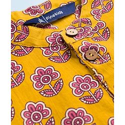 Pine Kids Cotton Woven Full Sleeves Kurta Pyjama Set With Floral Print - Mustard