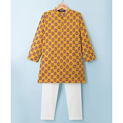 Pine Kids Cotton Woven Full Sleeves Kurta Pyjama Set With Floral Print - Mustard