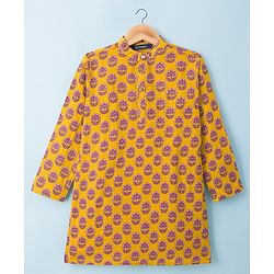 Pine Kids Cotton Woven Full Sleeves Kurta Pyjama Set With Floral Print - Mustard