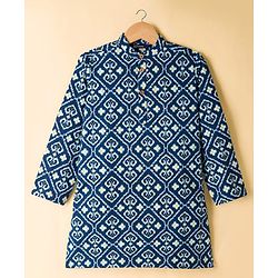 Pine Kids Cotton Woven Full Sleeves Kurta Pyjama Set With Floral Print - Navy Blue