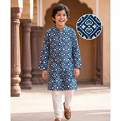Pine Kids Cotton Woven Full Sleeves Kurta Pyjama Set With Floral Print - Navy Blue