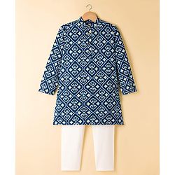Pine Kids Cotton Woven Full Sleeves Kurta Pyjama Set With Floral Print - Navy Blue