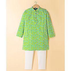 Pine Kids Cotton Woven Full Sleeves Kurta Pyjama Set With Floral Print - Lime Green