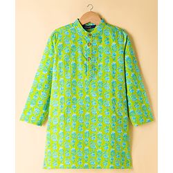 Pine Kids Cotton Woven Full Sleeves Kurta Pyjama Set With Floral Print - Lime Green