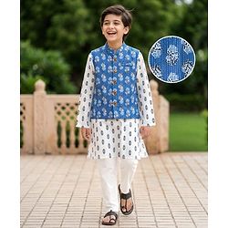 Pine Kids Cotton Woven Full Sleeves Kurta Pyjama Set With Floral Print & Nehru Jacket - White
