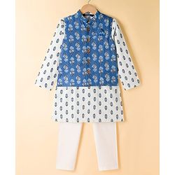 Pine Kids Cotton Woven Full Sleeves Kurta Pyjama Set With Floral Print & Nehru Jacket - White