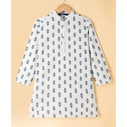 Pine Kids Cotton Woven Full Sleeves Kurta Pyjama Set With Floral Print & Nehru Jacket - White