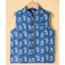 Pine Kids Cotton Woven Full Sleeves Kurta Pyjama Set With Floral Print & Nehru Jacket - White